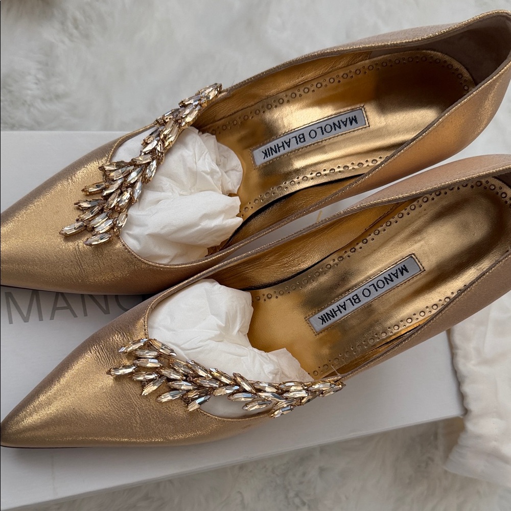 Manolo Blahnik Gold Nadira 90 50th anniversary.